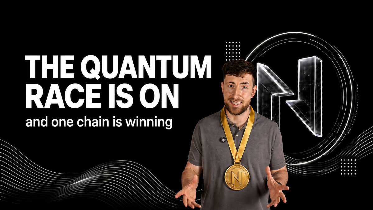A man wearing a large "N" gold medal stands beside bold text reading "THE QUANTUM RACE IS ON and one chain is winning," visually reinforcing the post's claim that $CKB (Nervos) is leading the post-quantum cryptography race as nations pour funding into quantum computing development.
