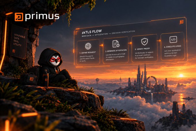 A cinematic orange-and-black Primus promotional graphic shows the logo at top left and a hooded panda-like mascot overlooking a futuristic city. A holographic panel titled “zkTLS FLOW” explains “WEB DATA → ATTESTATION → ONCHAIN VERIFICATION” with steps including “DEFINE REQUEST,” “GENERATE ATTESTATION,” “VERIFY PROOF,” and “EXECUTE LOGIC.”