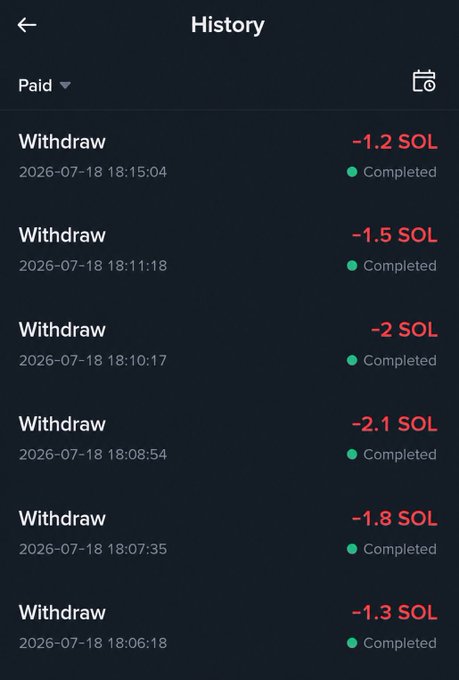 The image displays a transaction history showing six completed "Withdraw" entries on July 18, 2026, with amounts ranging from -1.2 SOL to -2.1 SOL. This supports the post's claim of giving away multiple $SOL transactions by visually documenting the series of withdrawals.