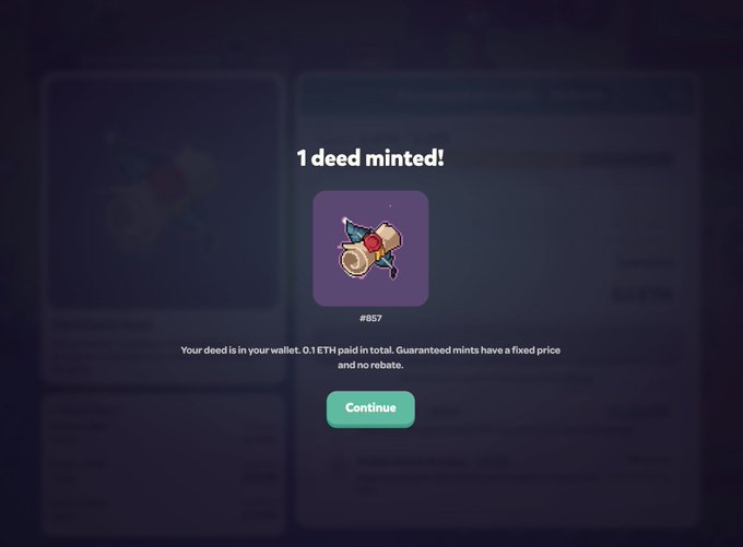 A confirmation screen displays "1 deed minted!" featuring a cartoon rocket icon labeled "#657" on a purple background, with text noting "0.1 ETH paid in total" and a green "Continue" button. This corresponds to the successful minting of a YieldFields_RH deed at 0.1 ETH as referenced in the post.