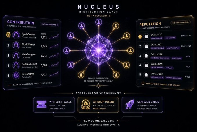 An infographic titled 'NUCLEUS DISTRIBUTION LAYER' showing a contribution leaderboard with top ranks like 'SynthCreator' (9,872), a central 3D geometric network, and a reputation panel with verified user hashes like '0x7A...9f30'.