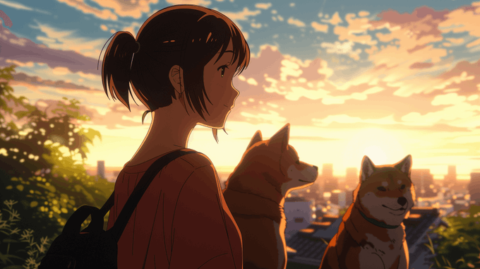 An anime-style illustration of a girl with short dark hair looking out at a sunset with two Shiba Inu dogs beside her.
