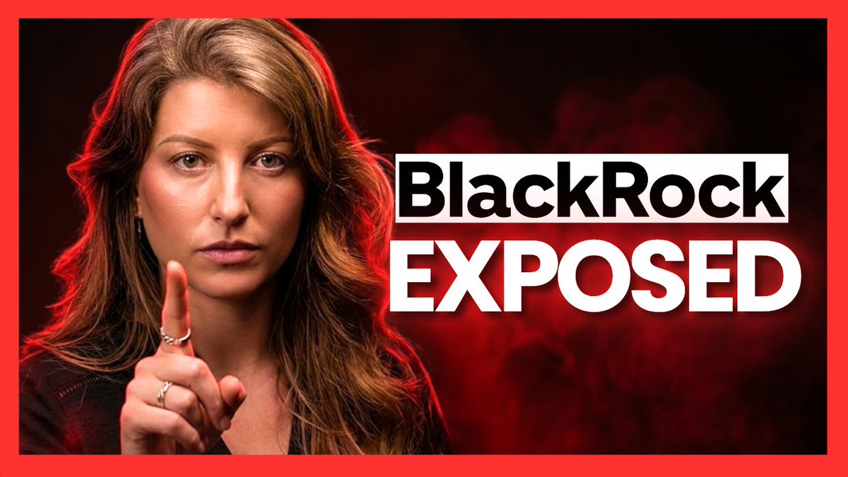 A YouTube-style thumbnail with a red border featuring a woman pointing her finger upward, next to bold text reading "BlackRock EXPOSED" against a dark red smoky background.