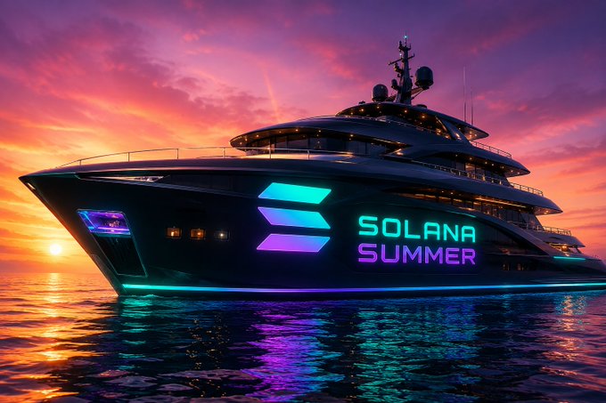 A sleek yacht floats on calm ocean waters at sunset, with its dark hull illuminated by glowing teal and purple neon lights. Prominently displayed on the side in vibrant neon lettering is the text "SOLANA SUMMER," directly mirroring the caption's reference to the popular crypto slogan.