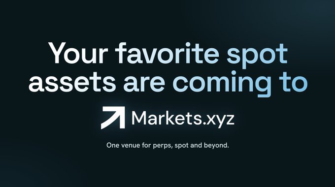 A sleek dark graphic announces "Your favorite spot assets are coming to Markets.xyz" with the tagline "One venue for perps, spot and beyond," directly reinforcing the post's message that spot trading is expanding across chains within the unified Markets.xyz platform.