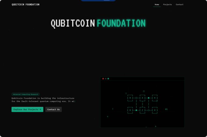 A dark webpage for 'QUBITCOIN FOUNDATION' describes their focus on 'Advanced Computing Research' for fault-tolerant quantum computing.