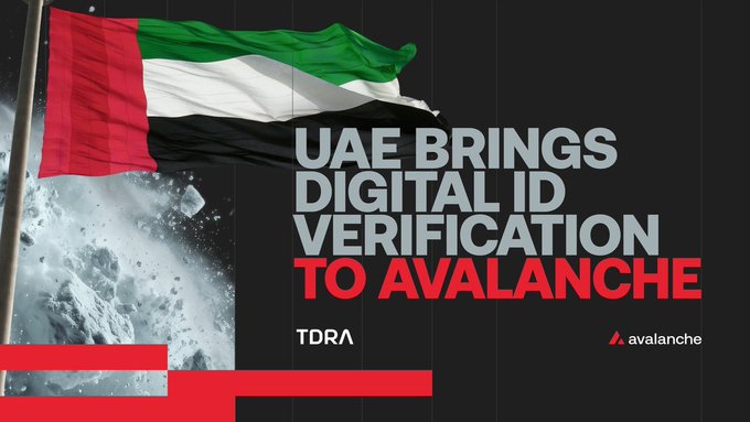 A news graphic titled "UAE BRINGS DIGITAL ID VERIFICATION TO AVALANCHE" featuring the UAE flag, Avalanche logo, and TDRA branding.
