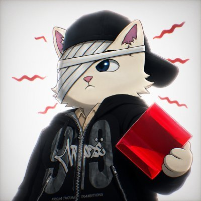 An anime-style cat character with bandaged eyes wears a backward cap and a black "SKRRT" hoodie while holding a red cube, with the caption "FROM THOUGH TRANSITIONS" visible at the bottom. The stylized feline design and edgy aesthetic suggest this is one of the "next" candidates being teased in the post tagging @commonsmade and @saamzzzbro.