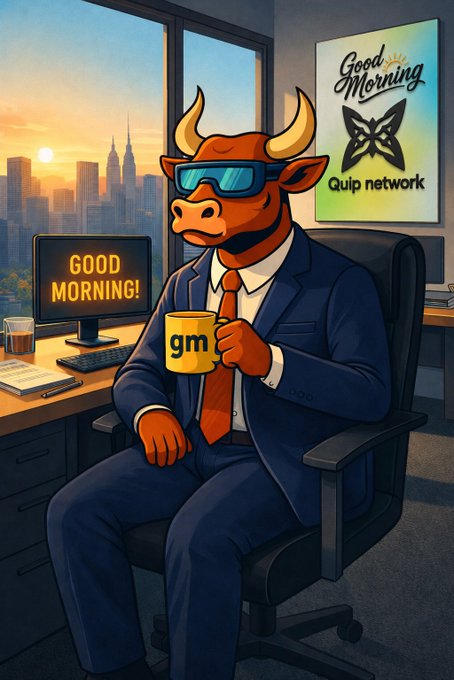An illustrated bull character wearing a blue business suit, red tie, and reflective sunglasses sits at a desk holding a yellow 'gm' mug, with a 'GOOD MORNING!' computer screen and a 'Good Morning Quip network' poster in the background.