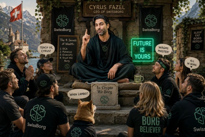 An AI-generated image of 'CYRUS FAZEL, CEO OF SWISSBORG' sitting in a meditative pose on steps, surrounded by followers in 'Borg Believer' shirts, with signs listing 'The 4 Secrets of Wealth' and 'FUTURE IS YOURS'.