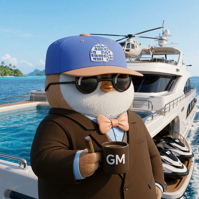 An AI-generated image of an anthropomorphic penguin character wearing a brown suit, peach bow tie, sunglasses, and a blue cap featuring an igloo logo, holding a cigar and a black mug labeled 'GM' in front of a luxury yacht.