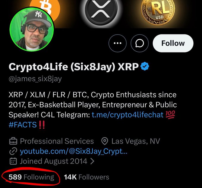 A Twitter profile for 'Crypto4Life (Six8Jay) XRP' (@james_six8jay) is displayed, featuring Bitcoin, XRP, and RL USD coin icons, with the '589 Following' count circled in red.