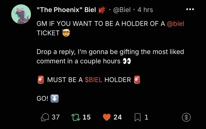 A tweet from 'The Phoenix' @Biel reading 'GM IF YOU WANT TO BE A HOLDER OF A @biel TICKET' with 37 replies, 15 retweets, and 24 likes, stating they're gifting the most liked comment.