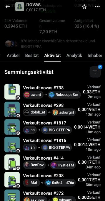 A mobile cryptocurrency tracking app screenshot showing 'novas' NFT collection activity with various sales listed in ETH over different time periods.