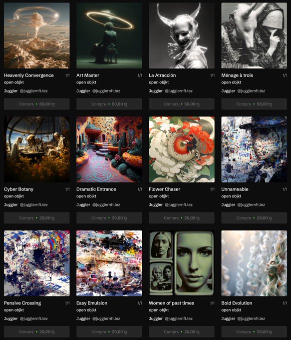A screenshot of an NFT marketplace displays a grid of twelve digital art collectibles including 'Heavenly Convergence', 'Cyber Botany', 'Flower Chaser', and 'Women of past times' by artist Juggler (@jugglemft.tez), each priced in tez.