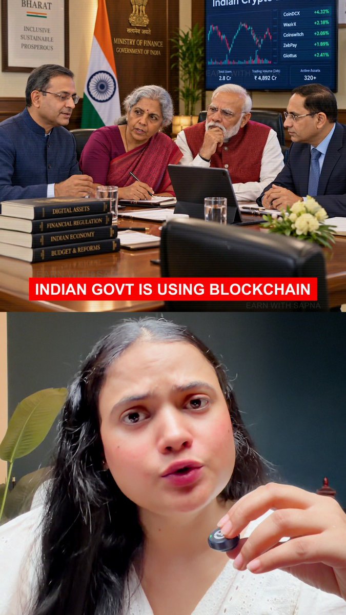 The top image shows Indian government officials, including the Prime Minister and Finance Minister, in a meeting room with books labeled "Digital Assets," "Financial Regulation," "Indian Economy," and "Budget & Reforms," accompanied by the text "INDIAN GOVT IS USING BLOCKCHAIN." The bottom image shows a woman holding up a small object, likely related to the post's topic of India placing bonds and real estate on the blockchain.