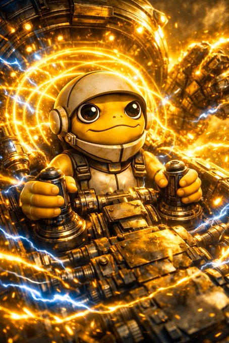 A determined turtle in a spacesuit grips the controls of a glowing, electrified cockpit amid swirling chaos, embodying unshakable focus. The image pairs with the $TURBO post by symbolizing steady confidence amid the turbulence of the crypto market.
