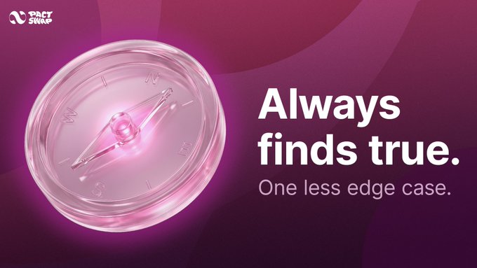 A Pact Swap promotional banner with a glowing pink/purple crystal compass/navigation device, featuring the tagline 'Always finds true. One less edge case.'