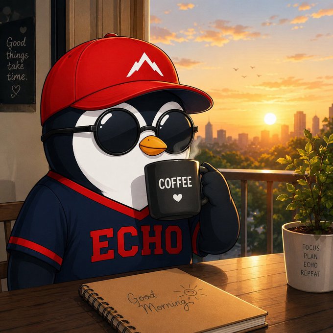 The image features a cartoon penguin wearing sunglasses and a red hat sitting at a table with a cup of coffee, holding a notebook or book open in front of him. The text "Good morning" can be seen in the image as well. The scene is set against an urban city backdrop, which adds to the overall atmosphere of the image.
