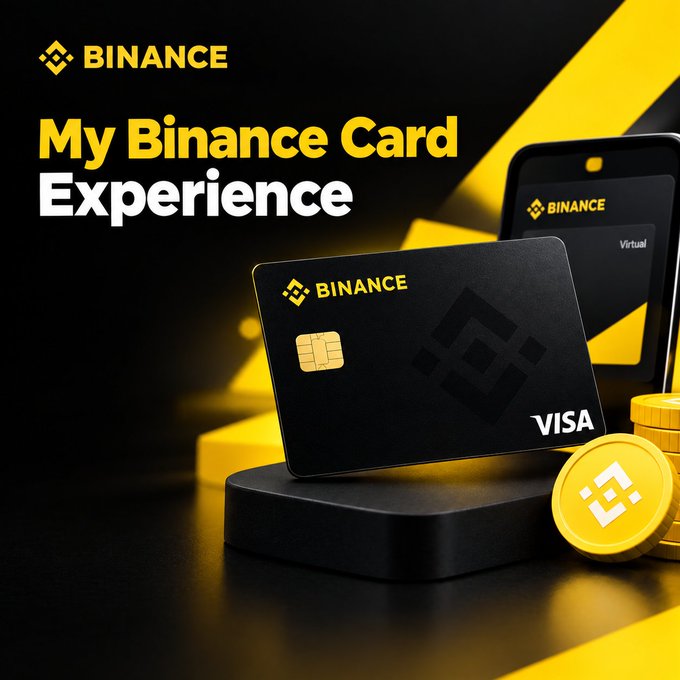 A promotional graphic for Binance featuring a black credit card with gold Binance and Visa logos displayed on a stand next to a smartphone and golden Binance coins, with text 'My Binance Card Experience.'