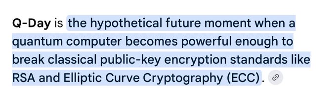 A definition text with highlighted portion explaining Q-Day as the hypothetical future moment when a quantum computer becomes powerful enough to break classical public-key encryption standards like RSA and Elliptic Curve Cryptography (ECC).