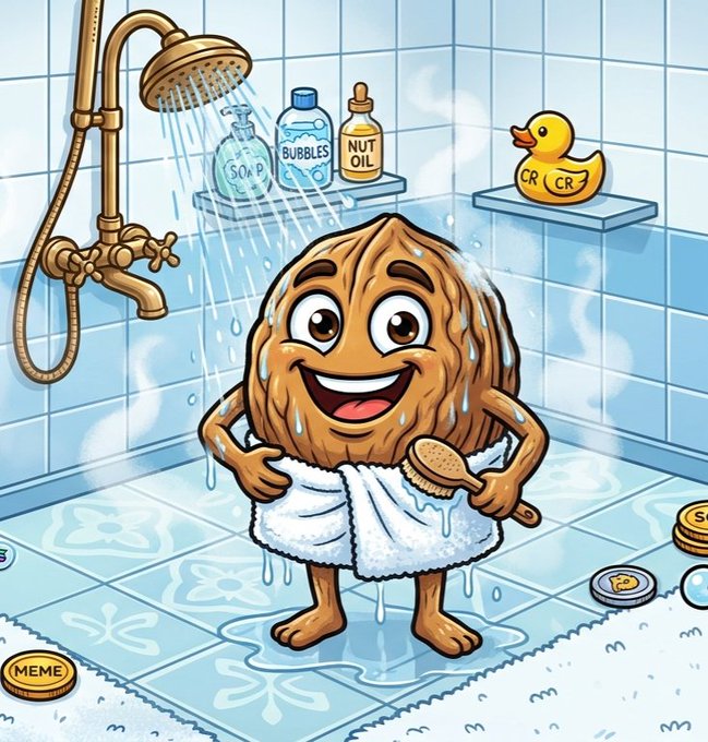 A whimsical cartoon illustration of a smiling walnut character wearing a towel and taking a shower with a loofah, surrounded by soap, bubbles, nut oil, and a rubber duck labeled 'CR CR', with 'MEME' coins scattered on the floor.