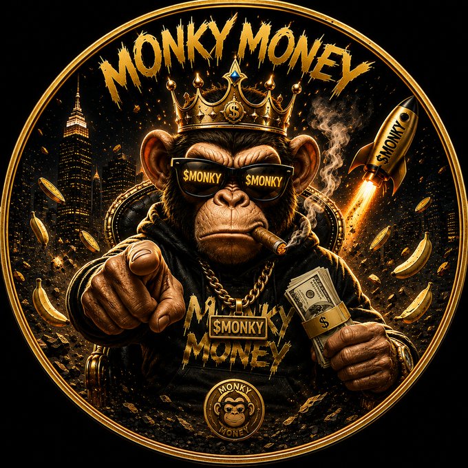 A bold graphic logo featuring a chimpanzee wearing a gold crown, sunglasses labeled '$MONKY', and a chain with a '$MONKY' pendant. The text 'MONKY MONEY' appears at the top and bottom, with bananas, coins, and a rocket ship labeled 'SMONKY' surrounding the figure.