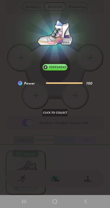 Mobile app screen showing a colorful sneaker NFT being collected, with 'Power 100', 'Rainbow Sneaker Chance: ON', and rarity filters Common/Uncommon/Rare/Epic visible.
