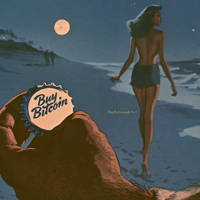 A vintage-style painting of a woman in shorts walking on a moonlit beach, with a rock in the foreground displaying a 'Buy Bitcoin' bottle cap, signed 'TheBitcoinArtist.'
