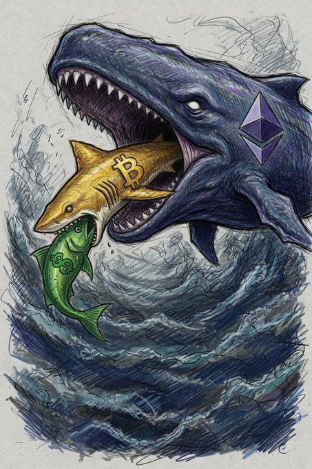 A large shark devouring a gold Bitcoin fish and a smaller green Ethereum fish emerges from stormy seas, symbolizing Ethereum ($ETH) consuming Bitcoin ($BTC) as the superior form of money. The Ethereum logo is prominently displayed on the shark's side, reinforcing the post's claim that ETH represents the ultimate evolution of currency.