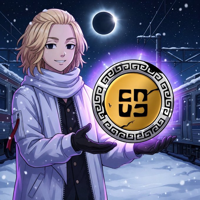 An anime-style illustration of a blonde character in a white winter coat holding a large golden BNB (Binance Coin) medallion, with a solar eclipse and train in the snowy background.