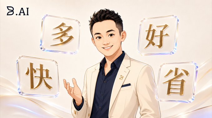 The image features a smiling young man in a white suit jacket surrounded by four glowing cube displays showing the Chinese characters "多" (Abundant), "好" (Excellent), "快" (Fast), and "省" (Economical), with "B.AI" branded in the top left corner, visually representing the four key benefits of the B.AI platform highlighted in the accompanying promotional text.
