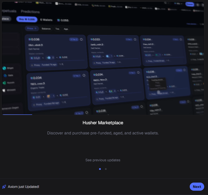 Screenshot of a crypto platform interface showing a 'Husher Marketplace' with multiple wallet listings featuring prices like '0.036' and '0.033 ETH', and a notification at the bottom stating 'Axiom just Updated!'