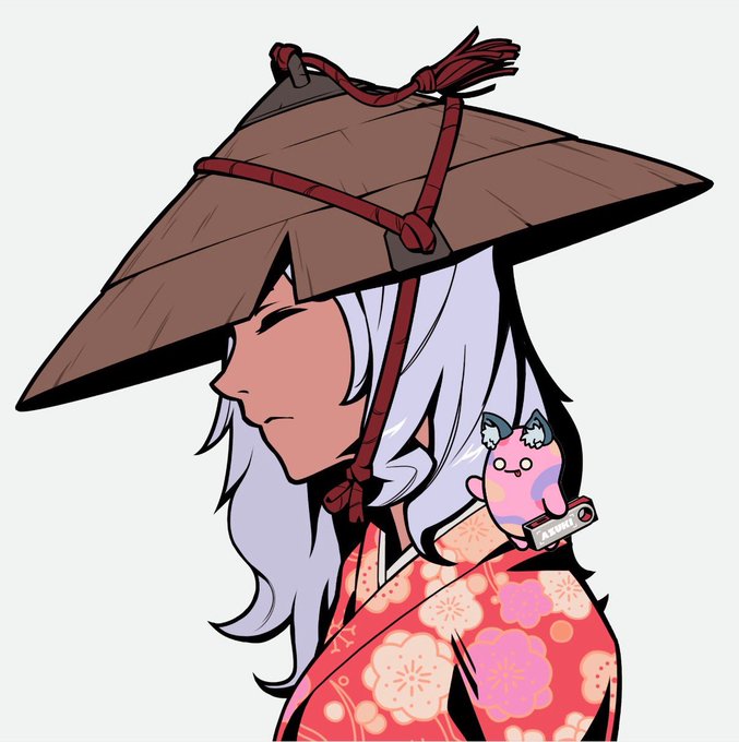An anime-style illustration of a character with white hair wearing a large straw hat and a red floral kimono, with a small pink creature perched on their shoulder.