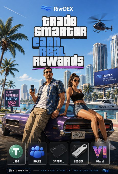 A promotional poster for RivrDEX features a man and woman posing on a purple muscle car with a tropical city skyline, displaying the tagline "Trade Smarter, Earn Real Rewards" and icons for USDT, Roles, SafePal, Ledger, and GTA VI. The post highlights RivrDEX's distinguishing features—a flat 0.35% swap fee with near-zero gas via Vara Network, a voucher covering your first swap, and onchain previews—which align with the poster's "Built Different, Built For You" messaging.