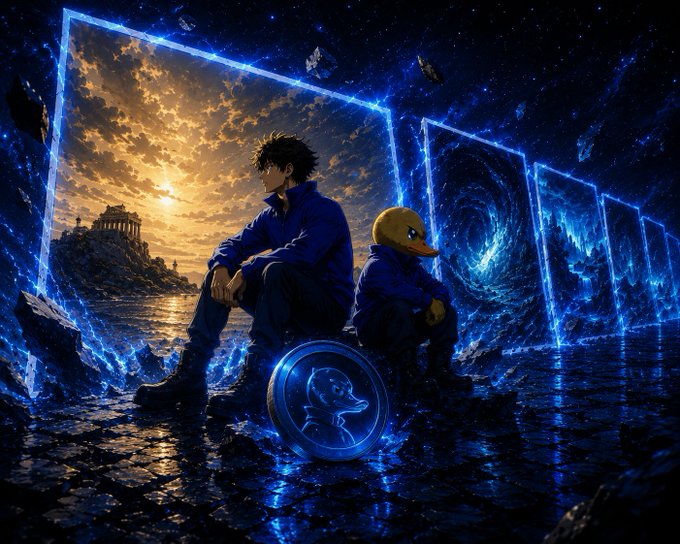 An anime-style illustration depicting two characters sitting together amidst cosmic portals—one showing a sunset with ancient ruins, the other showing swirling blue energy—with a glowing coin bearing a duck logo beside them.
