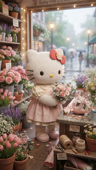 A Hello Kitty plush figure wearing a pink dress and holding a bouquet of flowers, standing in a cozy flower shop decorated with string lights, pink roses, and a 'Rainy Day' sign.
