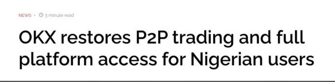A news article headline: 'OKX restores P2P trading and full platform access for Nigerian users,' tagged as a 3-minute read.
