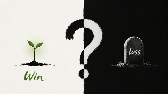 A split-screen illustration with a green sprout on a white background labeled 'Win' on the left, and a gravestone labeled 'LOSS' on a black background on the right, separated by a large question mark.