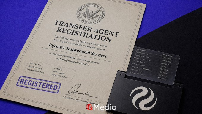 A Transfer Agent Registration document from the U.S. Securities and Exchange Commission for 'Injective Institutional Services' on the Injective blockchain, listing issuer details and a registered stamp, shown with a black branded box.