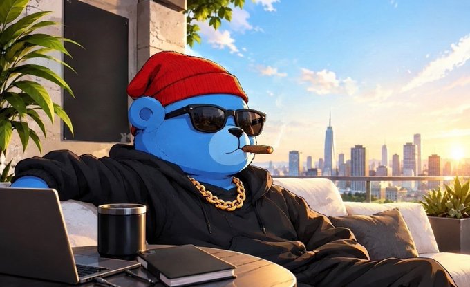 A blue teddy bear wearing a red beanie, sunglasses, and a gold chain smokes a cigar on a rooftop overlooking a city skyline at sunrise, projecting a confident, "boss" vibe that pairs with the bullish "GM, let's win today" crypto greeting.
