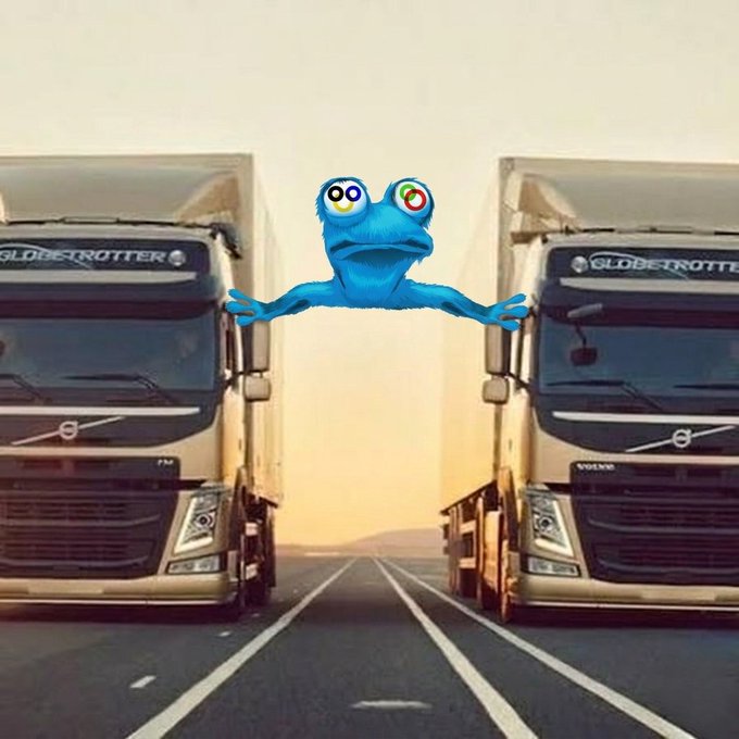 A meme image showing a blue cartoon frog character with mismatched eyes appearing to jump or be suspended between two large Globetrotter Volvo trucks facing each other on a road.