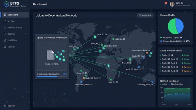A BTFS Decentralized Storage dashboard showing file upload progress (68%) to a global network of nodes, storage health at 45% capacity utilized, and active network nodes with a resilience graph.
