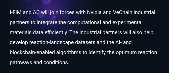 A dark slide with text discussing I-FIM and AC partnering with Nvidia and VeChain to integrate computational and experimental materials data, develop reaction-landscape datasets, and use AI and blockchain-enabled algorithms to identify optimum reaction pathways.