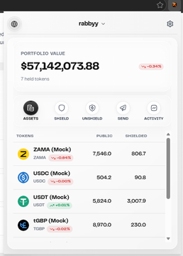 A screenshot of the 'rabby' crypto wallet interface showing a portfolio value of $57,142,073.88 across 7 held tokens, including ZAMA (Mock), USDC (Mock), USDT (Mock), and tGBP (Mock).