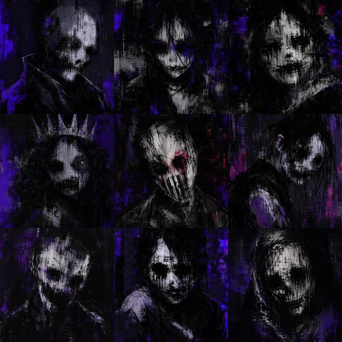 A 3x3 grid of dark, glitchy portraits featuring haunting figures with pale, distorted faces set against deep purple and black backgrounds, evoking a sense of unsettling dread.

The eerie, horror-inspired imagery visually reinforces the haunting atmosphere of the "Volatiles" collection, with its glitchy, spectral faces mirroring the dark and mysterious "world behind" the project that the poster is teasing.