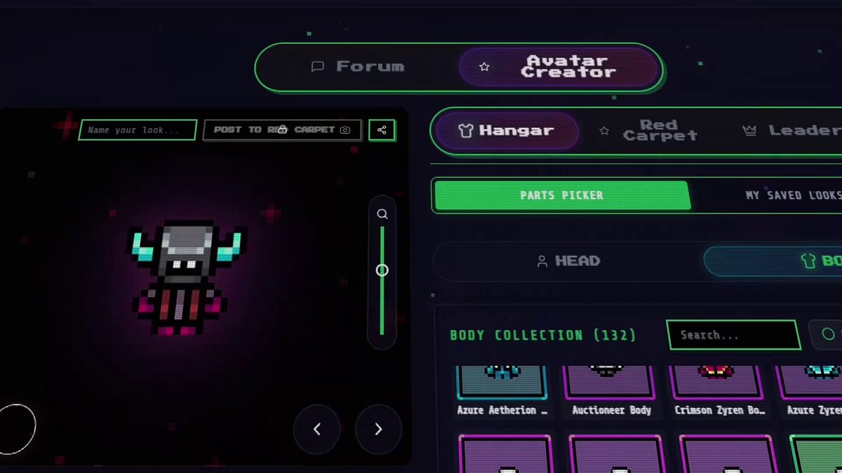 The image shows a computer screen displaying a game interface. The main focus of the scene is an avatar creator, a digital artist who creates avatars or characters for various purposes such as gaming, media, and fashion. The avatar creator's profile features different skins that can be combined and reused to create unique and personalized avatars. The game allows players to collaborate with other creators in a virtual workspace called gigafashion.xyz. Users have the option to create their own avatar, select from the available characters or skins, and customize their appearance by adding elements such as pants and accessories. They can also ask for advice from an AI character expert to improve their design choices. The game encourages creativity, collaboration, and exploration of new fashion trends through avatars in a virtual environment.