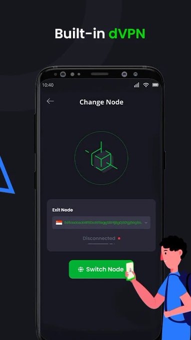 A mobile app advertisement highlighting a 'Built-in dVPN' feature, showing a phone screen with a 'Change Node' interface and an 'Exit Node' dropdown, along with an illustration of a person holding a smartphone.
