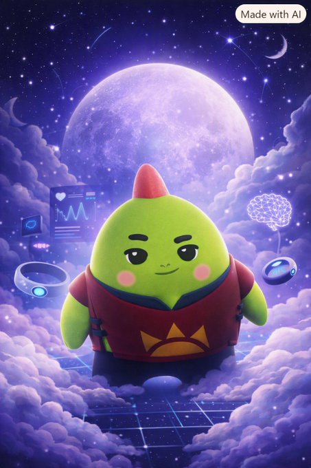 A cute green character in a red outfit floats among purple clouds with a glowing moon, surrounded by floating tech interfaces, a brain icon, and fitness rings, with "Made with AI" in the top right. The whimsical, dreamy scene visually reinforces the post's theme of Sleepagotchi as a wellness infrastructure combining technology and health tracking.
