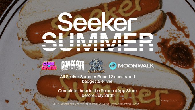 Promotional banner for "Seeker Summer" featuring two hot dogs on a plate, advertising Round 2 quests and badges live in the Solana dApp Store until July 28th, with participating projects Cure Crush, Gorecats, Gable Guardians, and Moonwalk, plus a discount code "SEED20" for 20% off at Stone/SolanaMobile.com.